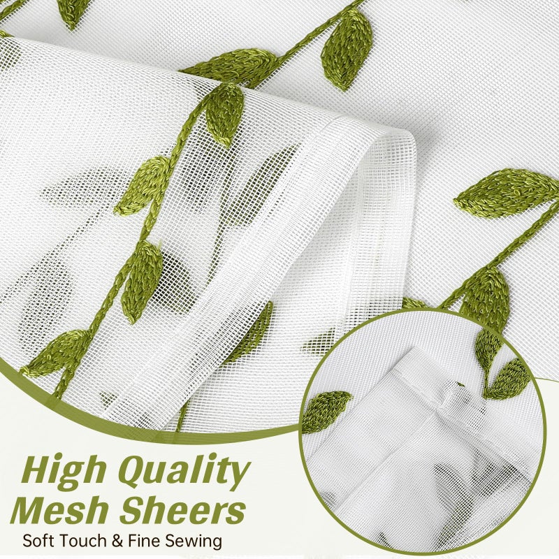 BROSHAN Green Embroidered Sheer Curtains 2 Panel Sets for Bedroom-Elegant White Sheer Curtains 75 inches Long with Leaf Design Rod Pocket Semi Transparent Curtain Drapes for Living Room Windows - Image 5